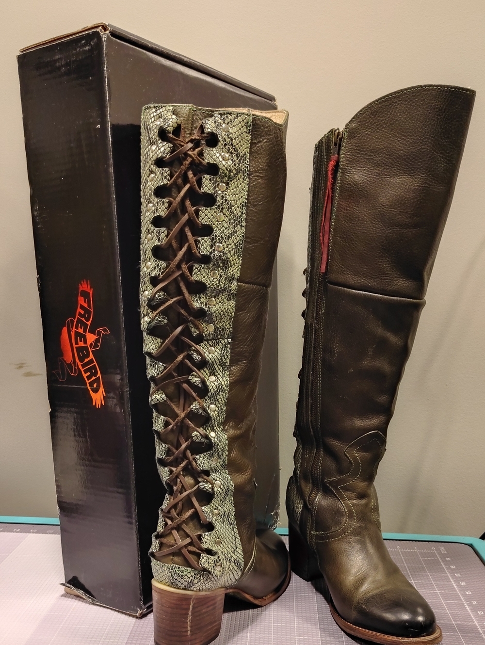 Freebird Catrina  🦄  Knee-High Lace-Up Leather Boots in Olive Green Snake